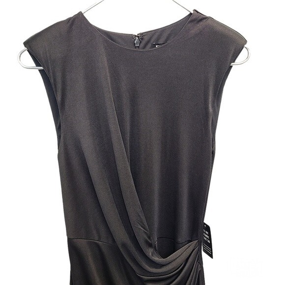 NWT EXPRESS Black Satin Cap Padded Shoulder Sleeve Ruched Dress XS - Picture 6 of 16